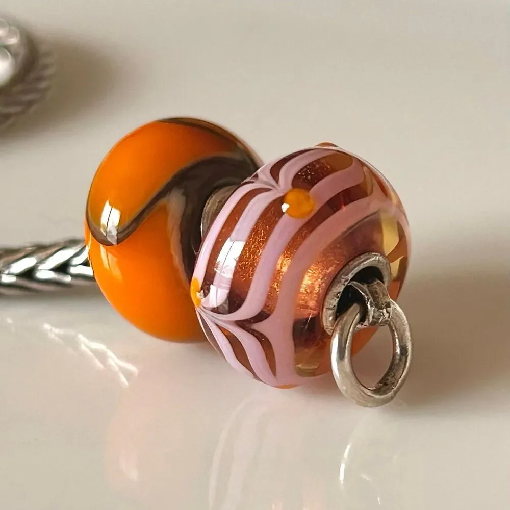 TROLLBEADS Lot of 2 Pink & Orange Beads LAA 925S Armadillo & Chevron Unique